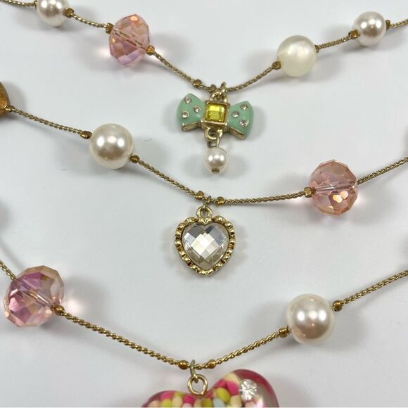 Betsey Johnson Candyland Gold Tone Multi Layer Beaded Heart Pendant Necklace - Picture 7 of 10